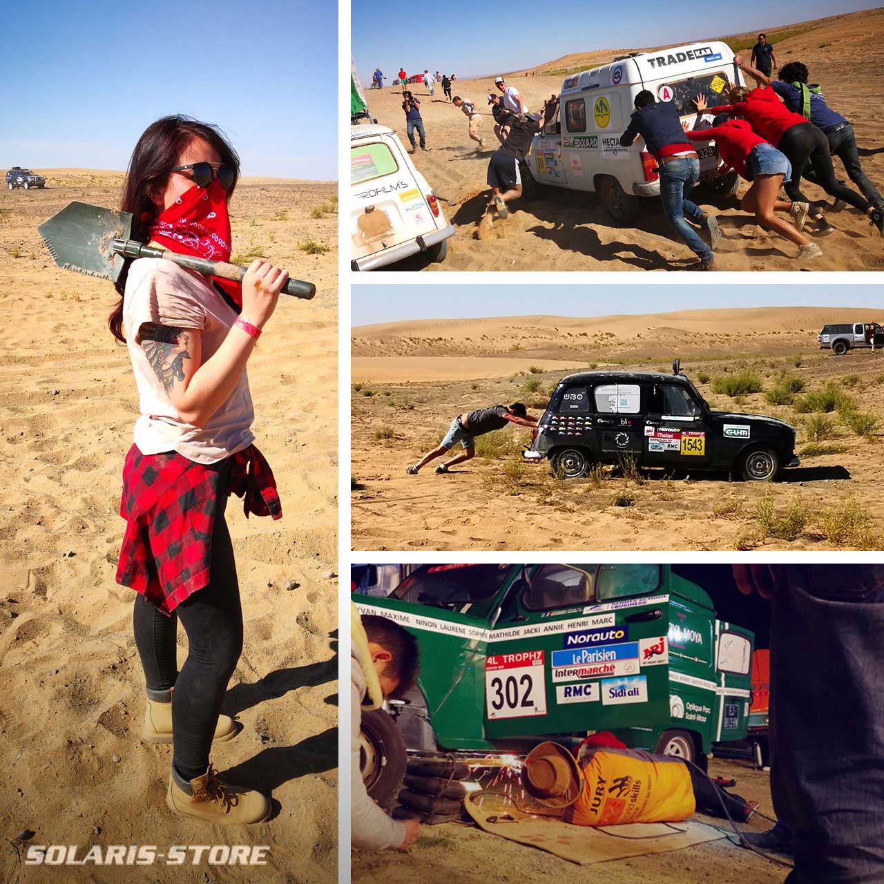 Bivouac au Maroc lors du Raid 4L Trophy. Le panneau solaire apporte de l'autonomie énergétique à l'équipe.