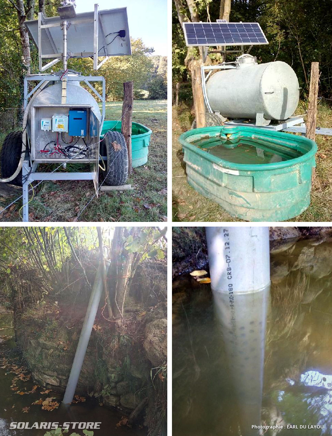 Pompage solaire dans une rivière pour remplir une cuve et un abreuvoir déporté pour le troupeau