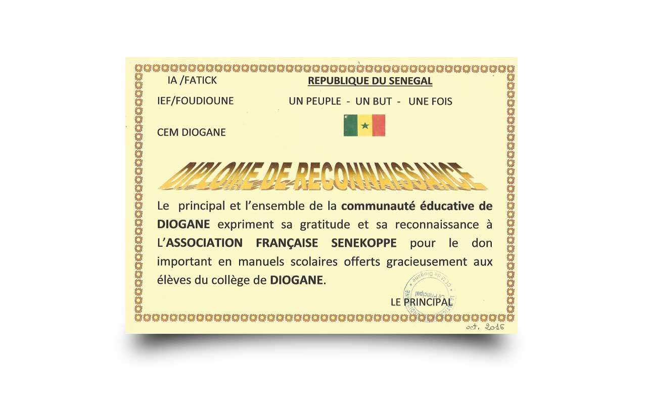 Diplôme de reconnaissance par le village de Diogane